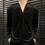 AIDASE  -  Retro Velvet Shirt For Men Spring Autumn V-neck Long Sleeve Versatile Top Fashion Light Luxury Vintage Mature Shirts Streetwear aidase-shop