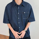 AIDASE  -  Dark Blue Denim Shirt Men and Women Japanese Vintage City Boy Oversized Loose Casual Summer Lapel Buttons Shirt Top aidase-shop