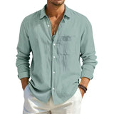 AIDASE  -  Men's Linen Texture Long Sleeve Shirt Light Blue Casual Button Down Shirts with Pocket Summer Old Money Style Breathable Tops aidase-shop