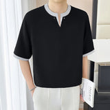 AIDASE  -  Fake Two-piece Men's T-shirt Summer New Striped Splicing Round Neck Short Sleeved Fashion Men Tops Casual Clothing 21E5575 aidase-shop