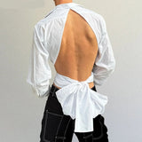 AIDASE  -  Tops American Style Fashion Sexy Men Deconstructive Backless Bow Shirts Casual Male Solid Loose Long Sleeved Blouse aidase-shop