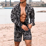 Aidase Summer Newest Men 2 Piece Suit Clothing Long-sleeved Printed Shirts Top With Casual Shorts Fashion Male  Beach Wear Loose Outfit