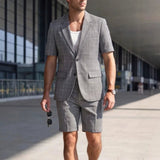 AIDASE  -  Men Plaid 2 Piece Summer Suit Short Sleeve Blazer Matching Knee Length Shorts Set Casual Daily Business Vacation Formal Outfit aidase-shop
