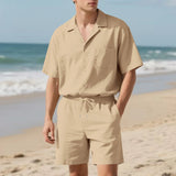 AIDASE  -  Summer Daily Casual Mens Two Pieces Sets Short Sleeve Button-up Lapel Shirt And Shorts Beach Outfits Men Solid Color Suits aidase-shop