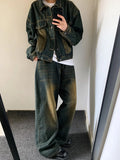 Aidase 90s Retro Skater Men Baggy Jeans Green Wash Adjust-waist Casual Wide Leg Oversize Pants Y2k Trousers Plus Size Clothes