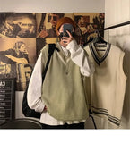 AIDASE  -  Autumn Winter V-neck Knitted Sweater Vest Men Oversized Loose Sleeveless Pullover Tops Men's Korean Warm Sweaters Tank Tops aidase-shop