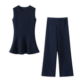 AIDASE  -  Ruffle Top Pant Sets Women Elegant Dark Blue O-neck Sleeveless Top High Waist Wide Leg Pants Female Suit 2025 Chic Lady Outfits aidase-shop
