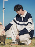 AIDASE  -  Retro Contrast Striped POLO Collar Sweatshirt for Men Loose Fashionable Casual Top aidase-shop