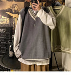 AIDASE  -  Autumn Winter V-neck Knitted Sweater Vest Men Oversized Loose Sleeveless Pullover Tops Men's Korean Warm Sweaters Tank Tops aidase-shop