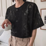 AIDASE  -  2025 Men Shirt Lace See Through Sexy O-neck Short Sleeve Button Male Tops Shirts Streetwear Sexy Men Clothing Summer aidase-shop