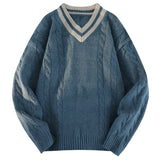 Aidase V-neck Section Men's Knitted Sweater Ribbed Hem Fashion Splicing Pullover Korean Loose Autumn Knit Sweater aidase-shop