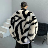 Aidase Male Loose Fur Coat Men's Contrast Color Striped Round Neck 2024 Autumn High Street Male Cotton Overcoat Stylish aidase-shop