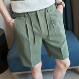 AIDASE  -  Men's Elastic Waist Suit Shorts Summer Solid Drawstring Business Casual Knee Length Pants Male Korean Fashion Short Trousers aidase-shop