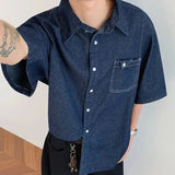 AIDASE  -  Blue Casual Short Sleeve Denim Shirt for Men Summer New Loose Style with Pocket Versatile Simple Design Top Casual Shirt aidase-shop