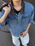 AIDASE  -  Casual Long Sleeve Leather Collar Outerwear Men Vintage Patchwork Buttoned Lapel Denim Coats Mens Spring Fall Fashion Outerwear aidase-shop