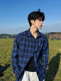 AIDASE  -  Blue Plaid Loose Fit Long Sleeve Silk Shirt Vintage Simple Embroidery Large Version Oversize Shirt Outerwear for Teens