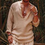 AIDASE  -  Men's Vintage Drape Linen Tops Sexy Loose Deep V Neck Long Sleeve T-shirt Men Spring Daily Casual Solid Color Pullover Tops Male