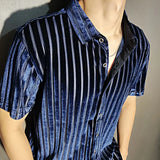 Aidase High Quality Shirt Trendy Transparent Blue Stripe Shirt Men Sexy Velvet Shirt Men Short Sleeve Clothing See Through Social Club aidase-shop