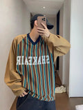 AIDASE  -  Plus Size Men's Autumn Long-sleeved shirt Korean Style Retro All-match Letter Print Striped Patchwork Raglan Sleeve V-neck Top aidase-shop