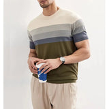 Aidase New Summer Light Mature Wind Ice Silk Round Neck Trend Gradient Contrast Stripes Light Luxury Knit Short Sleeve T-shirt