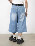 Aidase Retro Blue Brushed Denim Shorts Men Distressed Whiskers Wide Leg Pants Frayed Baggy Jeans Jorts Korean Y2k Streetwear