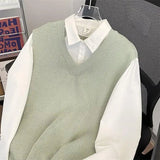 AIDASE  -  Japanese Vintage Style Patchwork Knit Shirt Sweater Men Loose Overhead Fake Two-Piece Knitted Base Shirt Jacket for Couples aidase-shop