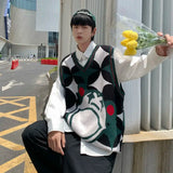 Aidase Men Clothing Trendy Vintage Harajuku Streetwear Y2K Aesthetic Knitted Sweater Vest Youth Male V Neck Sleeveless Loose Waistcoat