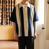 Aidase  Men Trendy Japanese Style Vintage Striped Patchwork Button Down Shirt New Summer Youth Harajuku Y2K Short Sleeve Loose Tops aidase-shop