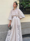 AIDASE  -  Solid Cotton Linen Printed Wide Leg Pants Set Women Casual Daily Bubble Sleeve Shirt Two Piece Suit 2025 New Summer Street Wear