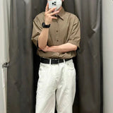 AIDASE  -  Japanese Men's Loose Solid Color Grid Texture Shirt Half Sleeves Ice Feeling Single Breasted Casual Shirt Daily Minimalist aidase-shop