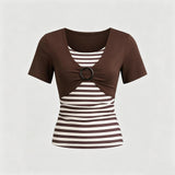 AIDASE  -  Women Striped Splice Short Sleeve Tops Y2K Fake Two-piece O-ring Buckle T-shirts Female Casual Vintage Slim Fit Top aidase-shop