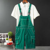 AIDASE  -  Men Y2K Bib Overalls Shorts Summer Multi Side Pockets Cargo Breeches Elastic Waist Fancy Color Thin Soft Coveralls Dungarees aidase-shop