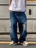 Aidase Hiphop Men Dragon Baggy Jeans Blue Wash Straight Wide Leg Pants Embroidered Casual Pants Retro Y2k Harajuku Streetwear