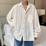 Aidase Shirts for Men Hollow Out Lapel Men Blouse Vacation Sexy Handsome Fashion Men Clothing Mesh Long-sleeved Shirts Black/Apricot