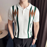 AIDASE  -  Contemporary Men's Polo: White Shirt with Earth-Tone Geometric Lines | Office-to-Outing Versatility M-4XL aidase-shop