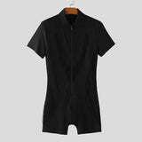AIDASE  -  Men Bodysuits Mesh Patchwork Zipper Lapel Short Sleeve Male Rompers Playsuits Sexy See Through Fashion Bodysuit S-3XL aidase-shop