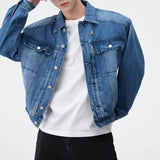 AIDASE  -  Man Clothing American Vintage Blue Denim Jacket Loose Outwear Men Wide Shoulder Short Jeans Coats Casual Pockets High Streetwear aidase-shop