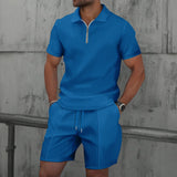 AIDASE  -  Summer Men Suits Solid Color Waffle Lapel Slim-Fit Casual Fashion Zip-Up Short Sleeve Shirts Suit Shorts Two Sets aidase-shop