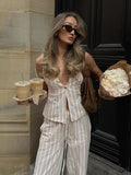 AIDASE  -  Cotton Linen Striped Strap Vest Pants Suit Women Elegant Commuter Sleeveless Deep V Two Piece Set 2025 New Summer Street Outfit aidase-shop