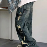 AIDASE  -  American Style Men's Jeans Trendy High Waist Washed Side Big Ripped Straight Wide Leg Design Fashion Denim Pants 21E7423 aidase-shop