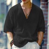AIDASE  -  Summer New Arrival European & American Casual Men's Half-Sleeve Striped Knitted Shirt, Stretchy, Loose V-Neck T-Shirt aidase-shop