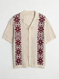 AIDASE  -  Retro Pattern Contrast Color Shirt Knitting Short Sleeve Button-up Lapel Mens Shirts Summer Casual Breathable Hollow Out Shirts aidase-shop