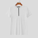 AIDASE  -  Men T Shirt Knitted Solid Color Zipper O-neck Short Sleeve Male Tee Tops Streetwear 2025 Fashion Casual Men Clothing aidase-shop
