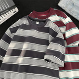 AIDASE  -  Japanese Couple Color-blocking Short-sleeved T-shirt Hong Kong Style Loose Trend Striped Heavy Round Neck Half-sleeved T-shirt aidase-shop