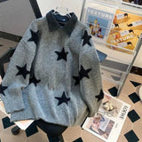 AIDASE  -  American Red Star Print Y2K Sweaters Women Patchwork Knitted Jumpers Tops Loose Female Design Turn Down Collar Pullovers Tops aidase-shop