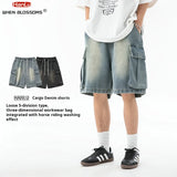 Aidase Korean Fashion Men's Wide Leg Denim Shorts Summer New Fashion Loose Casual Elastic Waist Large Pocket Cargo Men's Jeans Shorts
