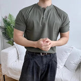 AIDASE  -  New Men's Henry Neck Short Sleeve T-shirt Summer High Elastic Fitness Slim Fit Base Layer Top Muscle Fit Casual Tee For Workout aidase-shop