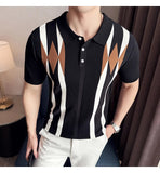 AIDASE  -  Contemporary Men's Polo: White Shirt with Earth-Tone Geometric Lines | Office-to-Outing Versatility M-4XL aidase-shop