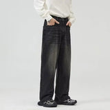 AIDASE  -  Vintage High Street Straight Jeans Men Half Elastic Waist  Loose Washed Denim Pants Four Seasons Fashion Wide-leg Trousers aidase-shop