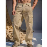 AIDASE  -  Men's Khaki Linen Cargo Pants Loose Straight Leg Multi-pocket Casual Trousers aidase-shop
